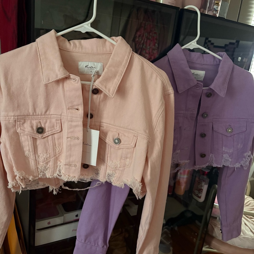 KanCan Cropped Distressed Denim Jackets Purple & Pink